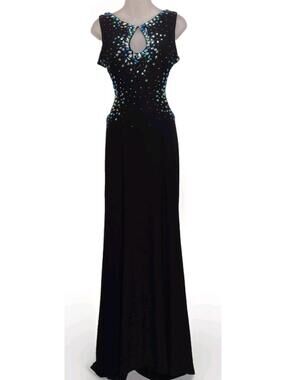 JK Black Rhinestone Keyhole Evening Gown Stretch Formal Dress Size 6